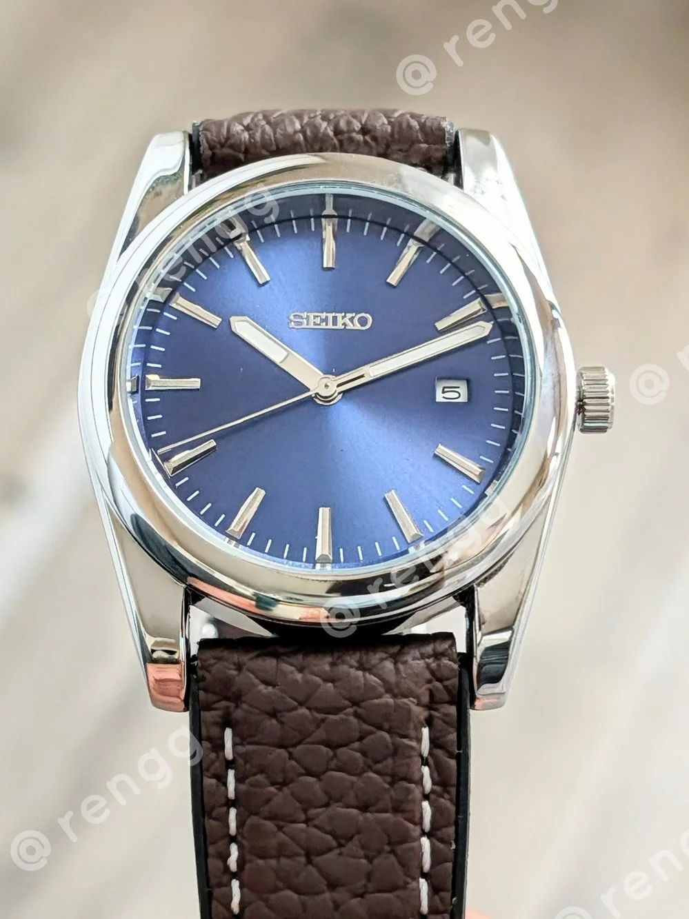 36.5mm Seiko Men's Blue Dial Brown Strap Mod Watch